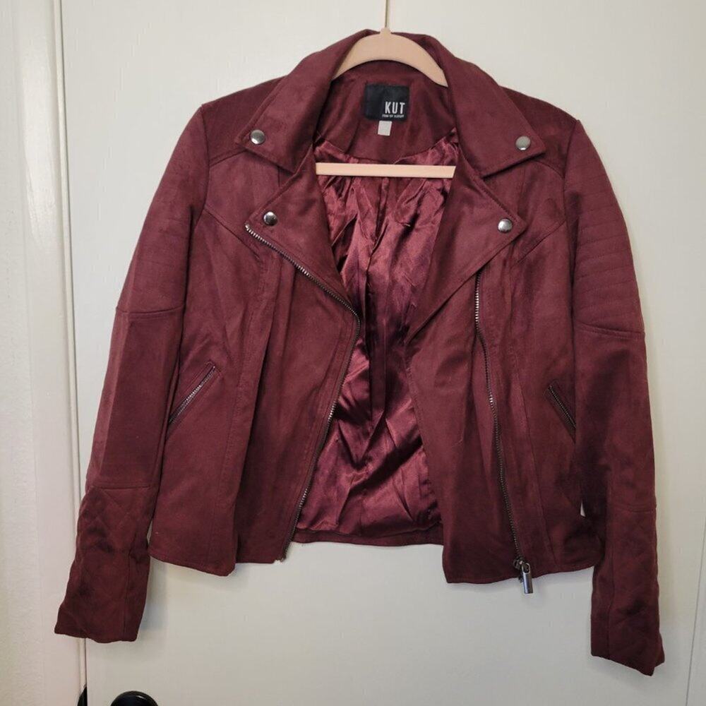 KUT From The Kloth Quilted Suede Moto Jacket Maroon Size Small - Picture 7 of 7